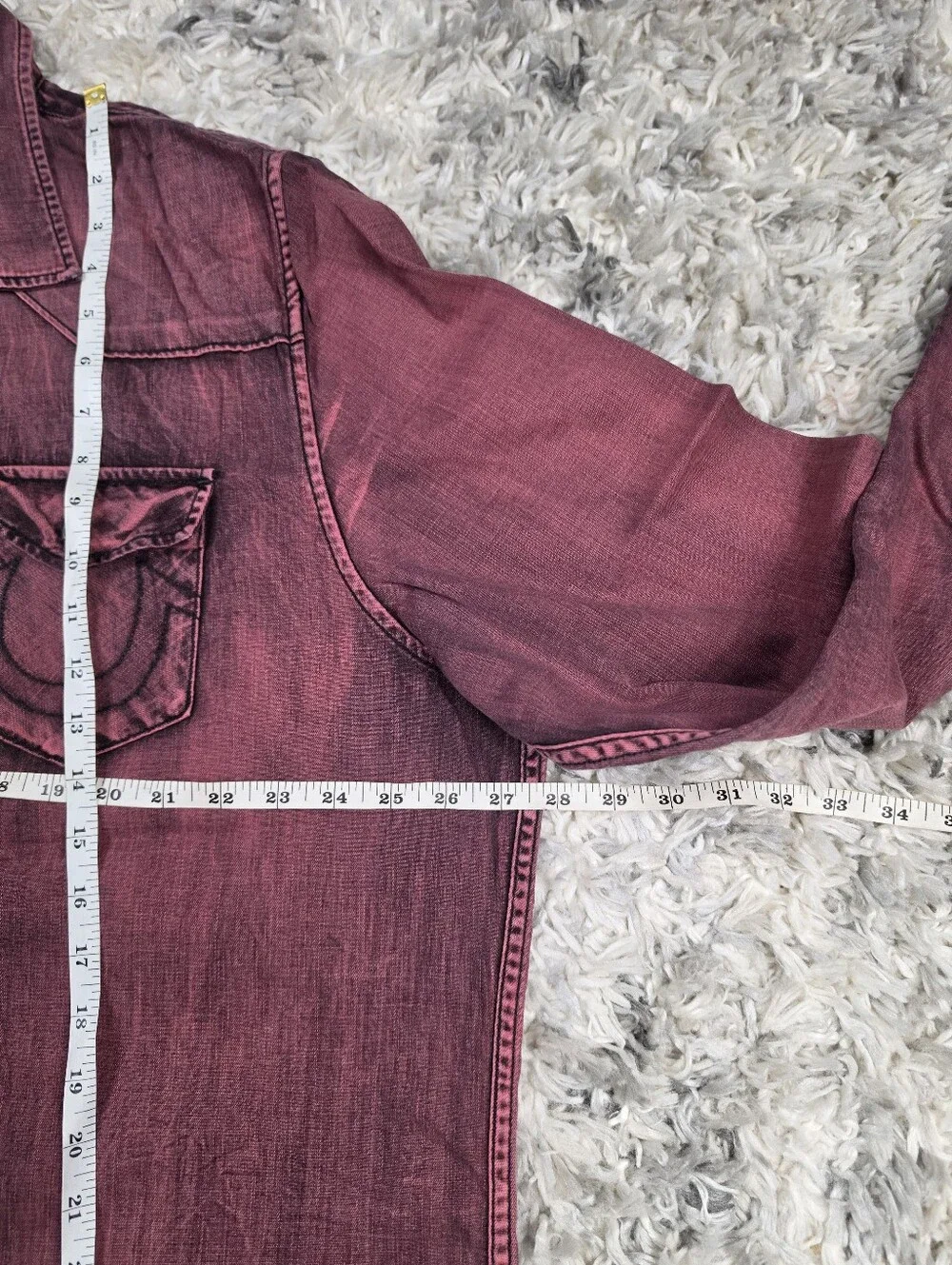 True Religion Western Shirt Mens 3XL Slim Maroon Burgundy Denim Long Sleeve